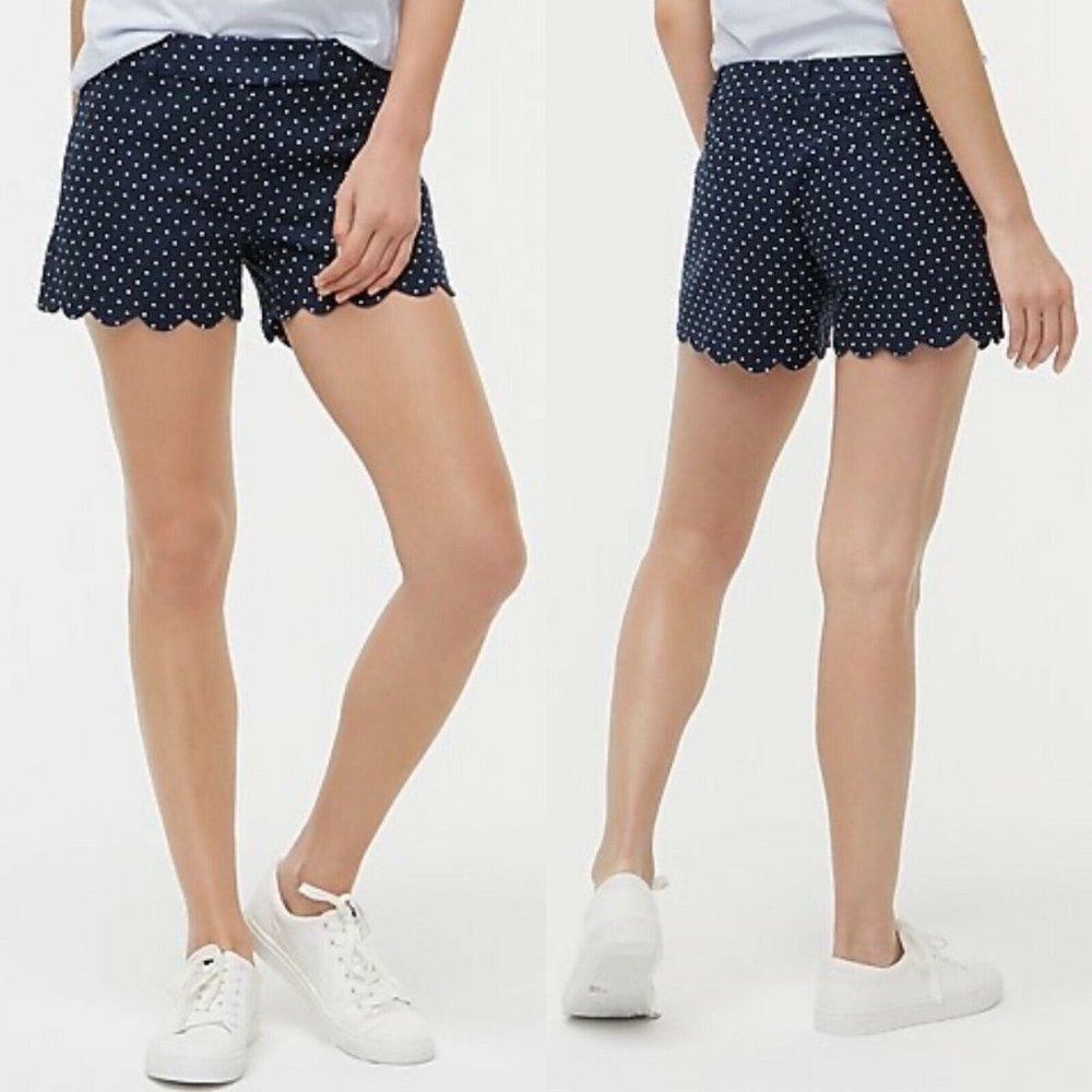 J Crew Navy White Polka Dot Scalloped Shorts 8 NWT